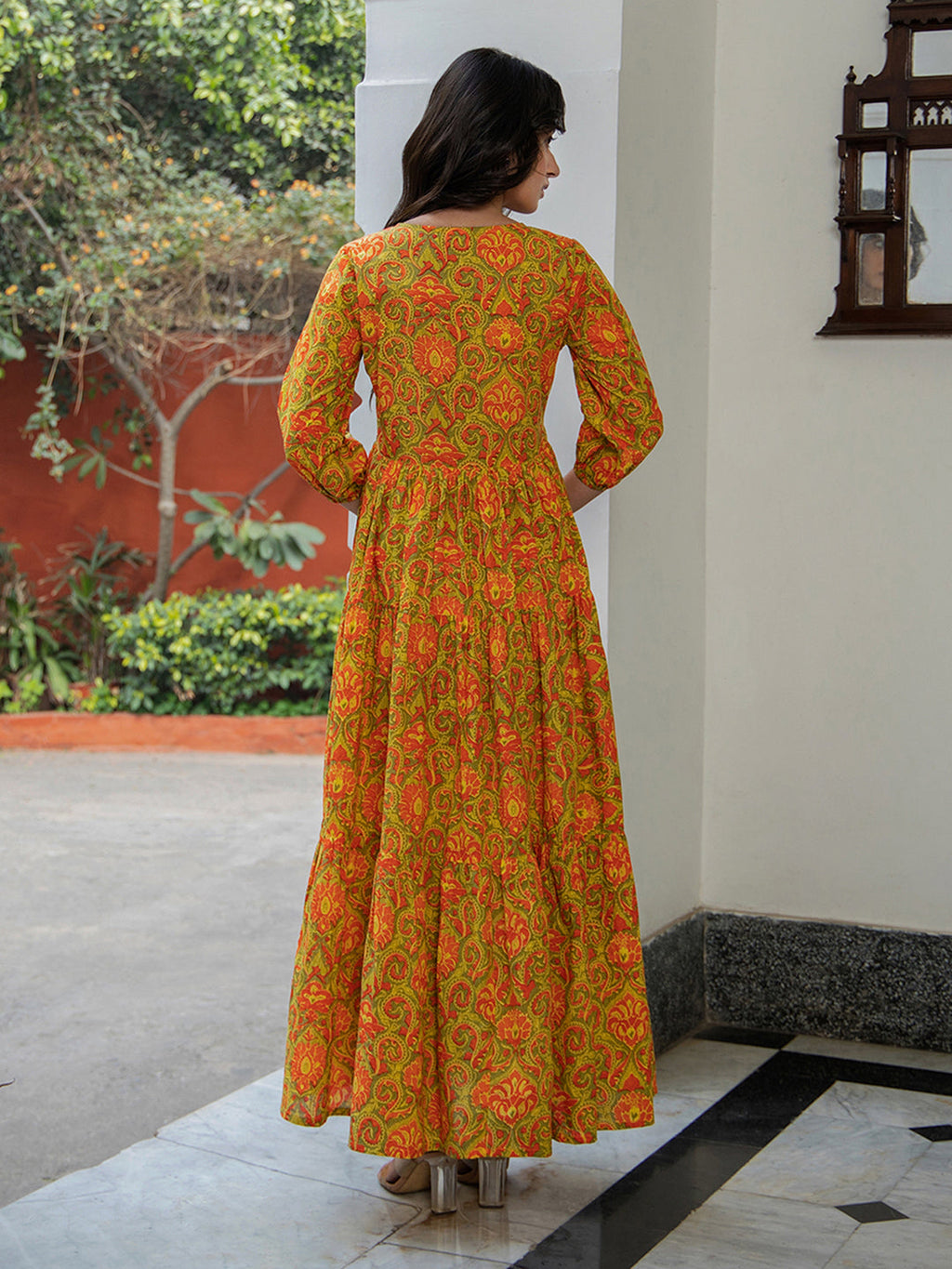 Janasya Green Cotton Printed Tiered Dress - Distacart