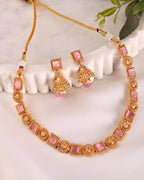 VOJ Gold-Polished Pink Stone Studded Jewellery Set