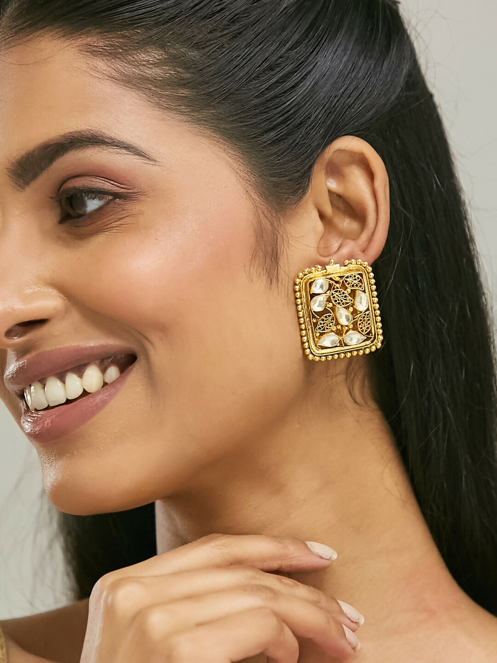 Nuyug 22K Gold-Plated Kundan & Filigree Concept Rectangular Leafy Studs - Distacart