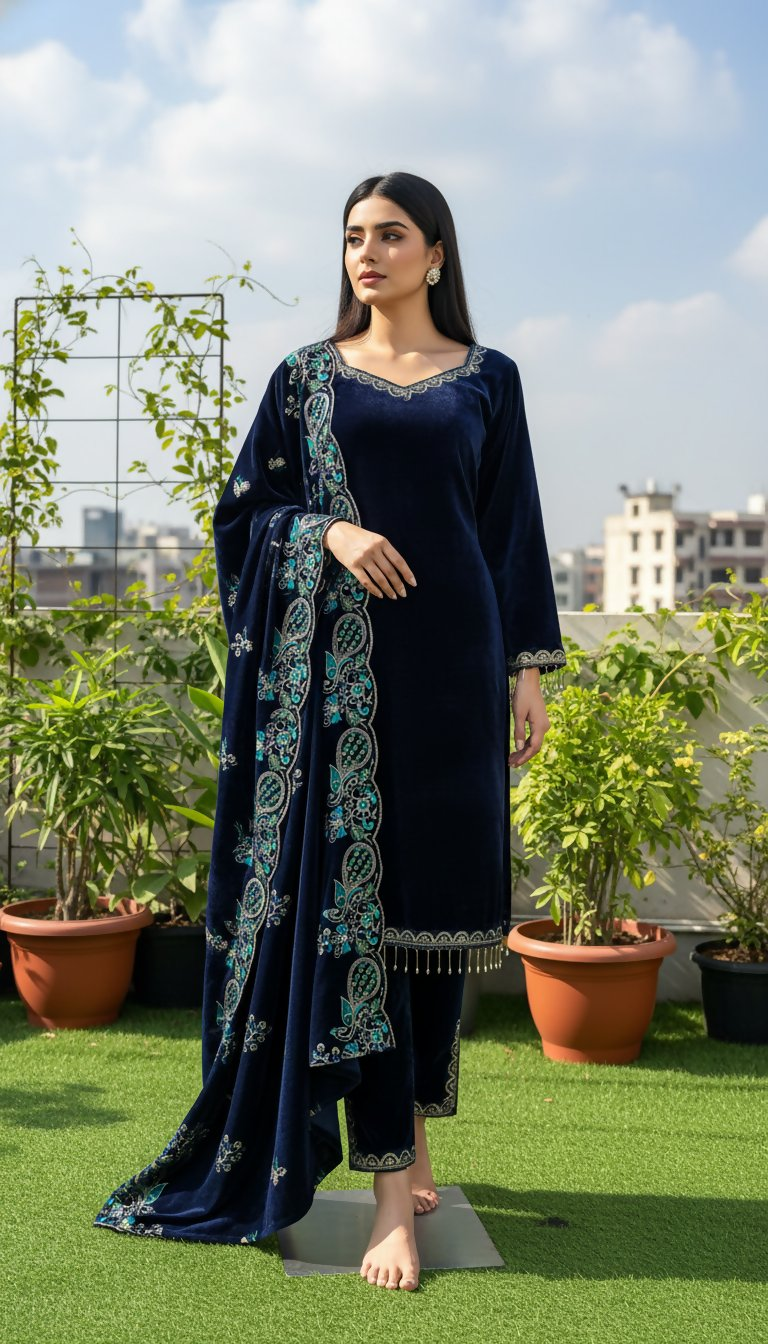 Teeya Creation Blue Color Velvet Designer Embroidery Work party Wear Suit - Distacart