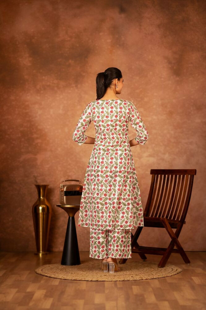 Joban Fashion Red Green Hand Block Printed Cotton Suit Set - Distacart