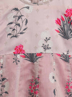 Ahalyaa Grey Chanderi Silk Pigment Print Kids Front Slit Kurta For Girls
