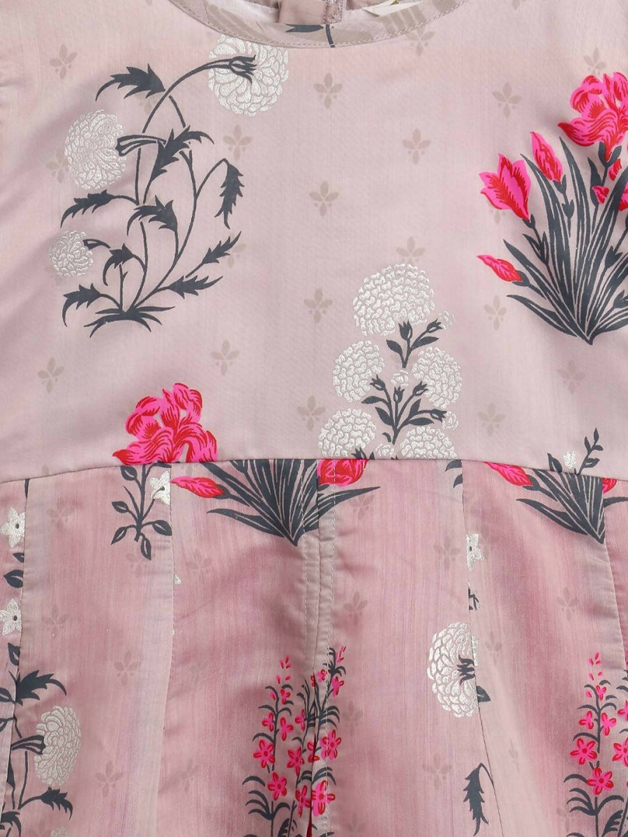 Ahalyaa Grey Chanderi Silk Pigment Print Kids Front Slit Kurta For Girls