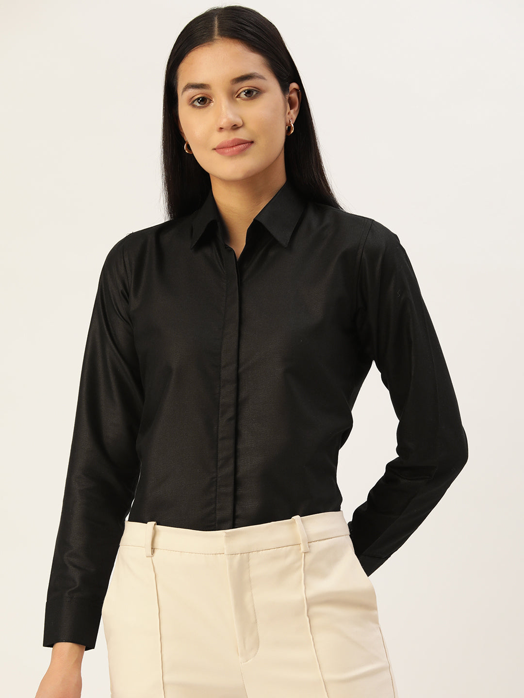 Jainish Women's Black Solid Shirt Style Top