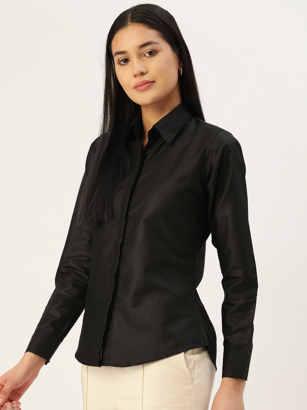 Jainish Women's Black Solid Shirt Style Top