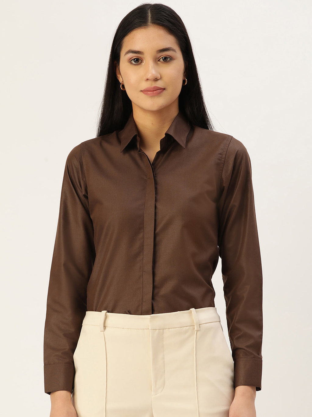 Jainish Women's Coffee Solid Shirt Style Top