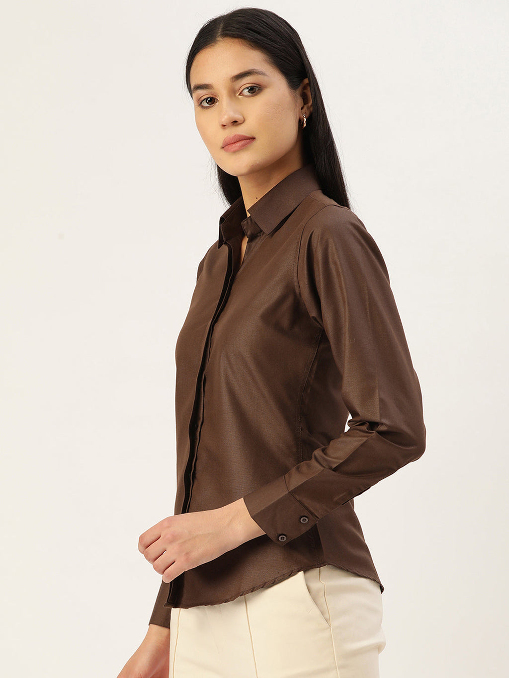 Jainish Women's Coffee Solid Shirt Style Top
