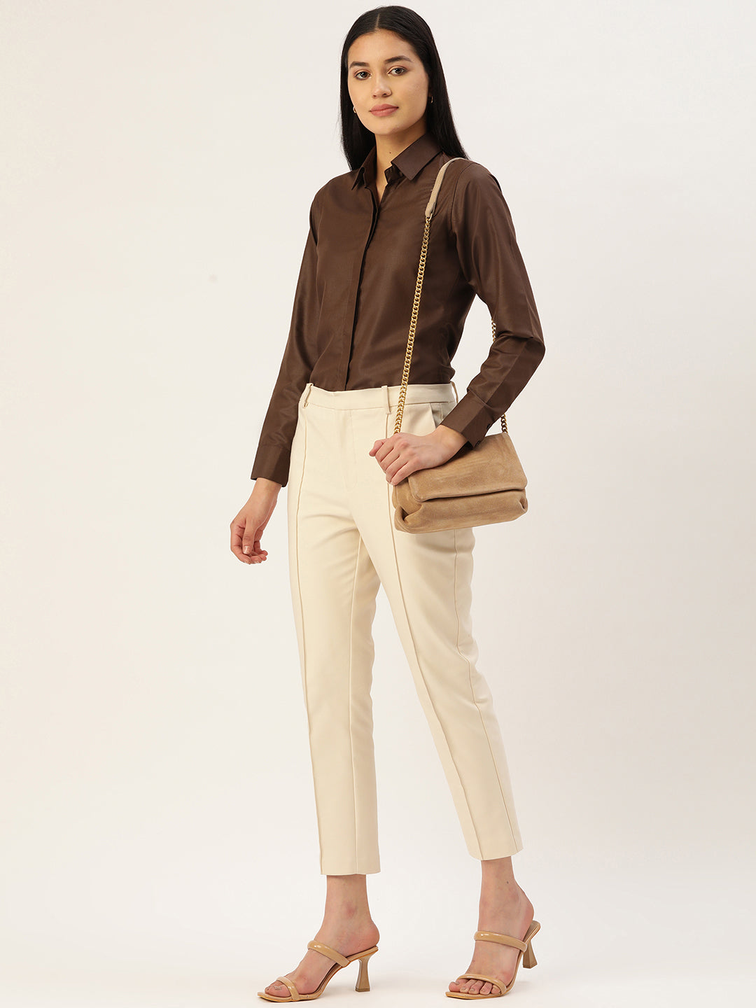 Jainish Women's Coffee Solid Shirt Style Top