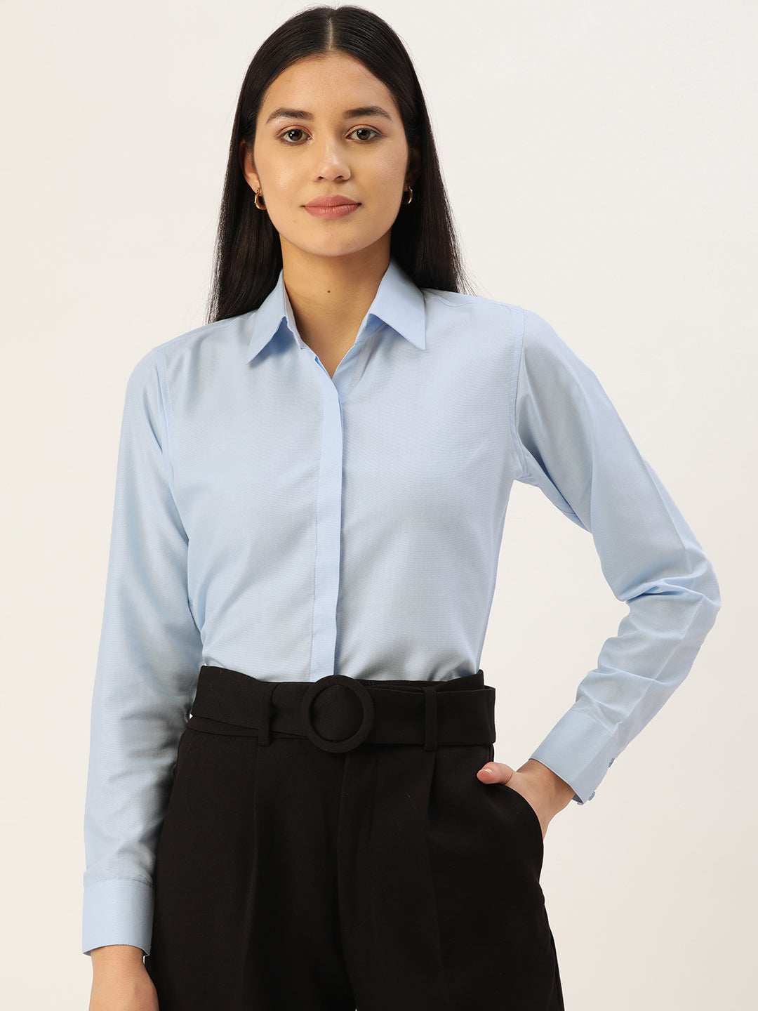 Jainish Women's Blue Solid Shirt Style Top