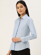 Jainish Women's Blue Solid Shirt Style Top