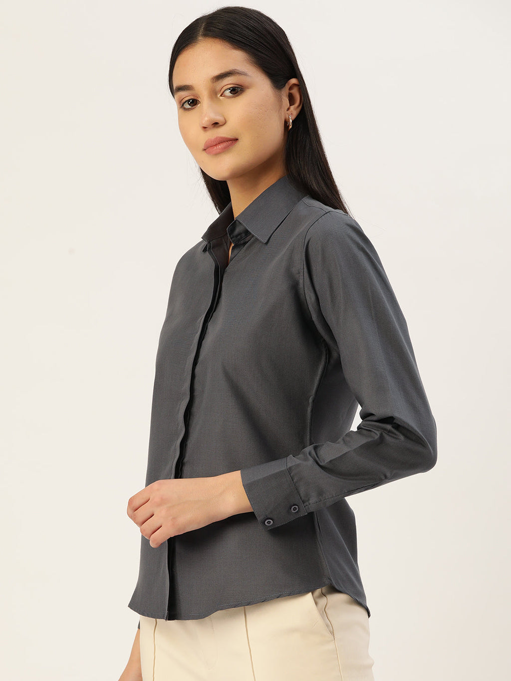 Jainish Women's Grey Solid Shirt Style Top