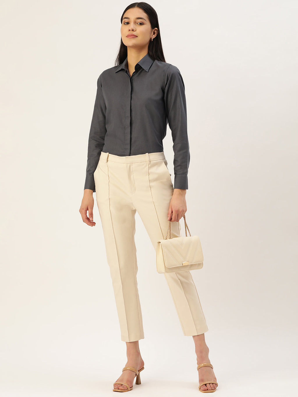 Jainish Women's Grey Solid Shirt Style Top