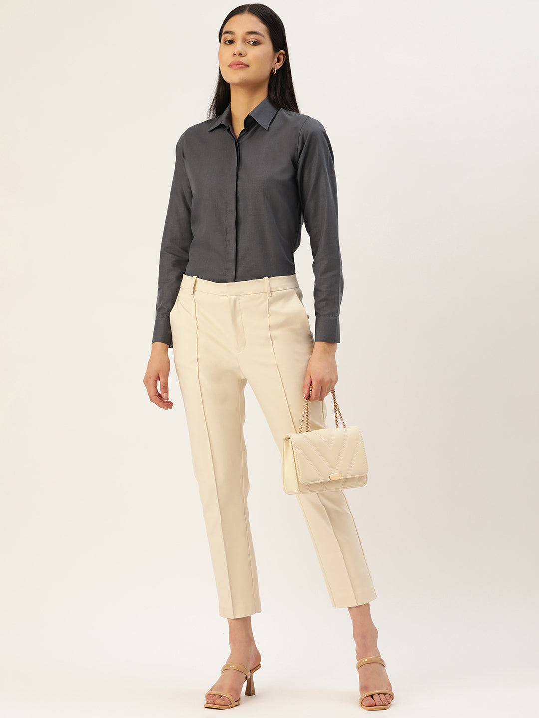 Jainish Women's Grey Solid Shirt Style Top