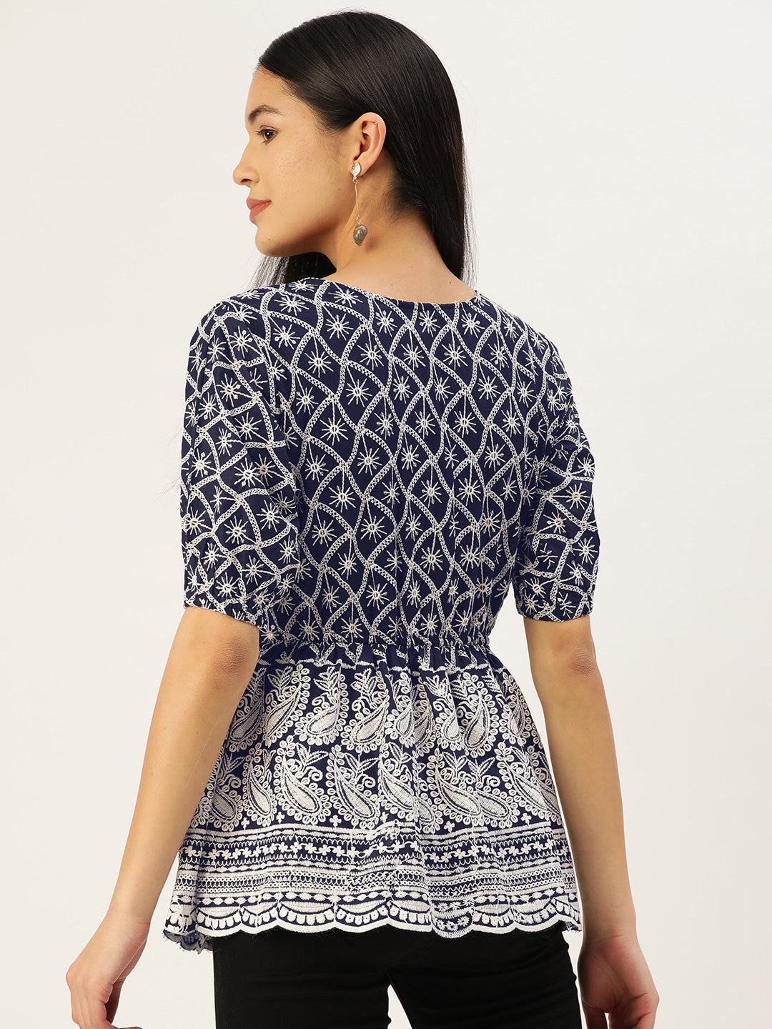 Jainish Women's Chikankari Sequen Work Empire Top - Navy Blue