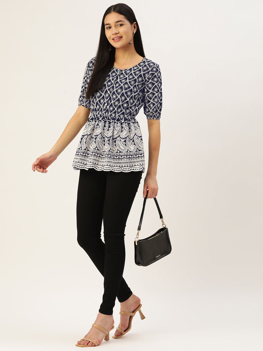 Jainish Women's Chikankari Sequen Work Empire Top - Navy Blue