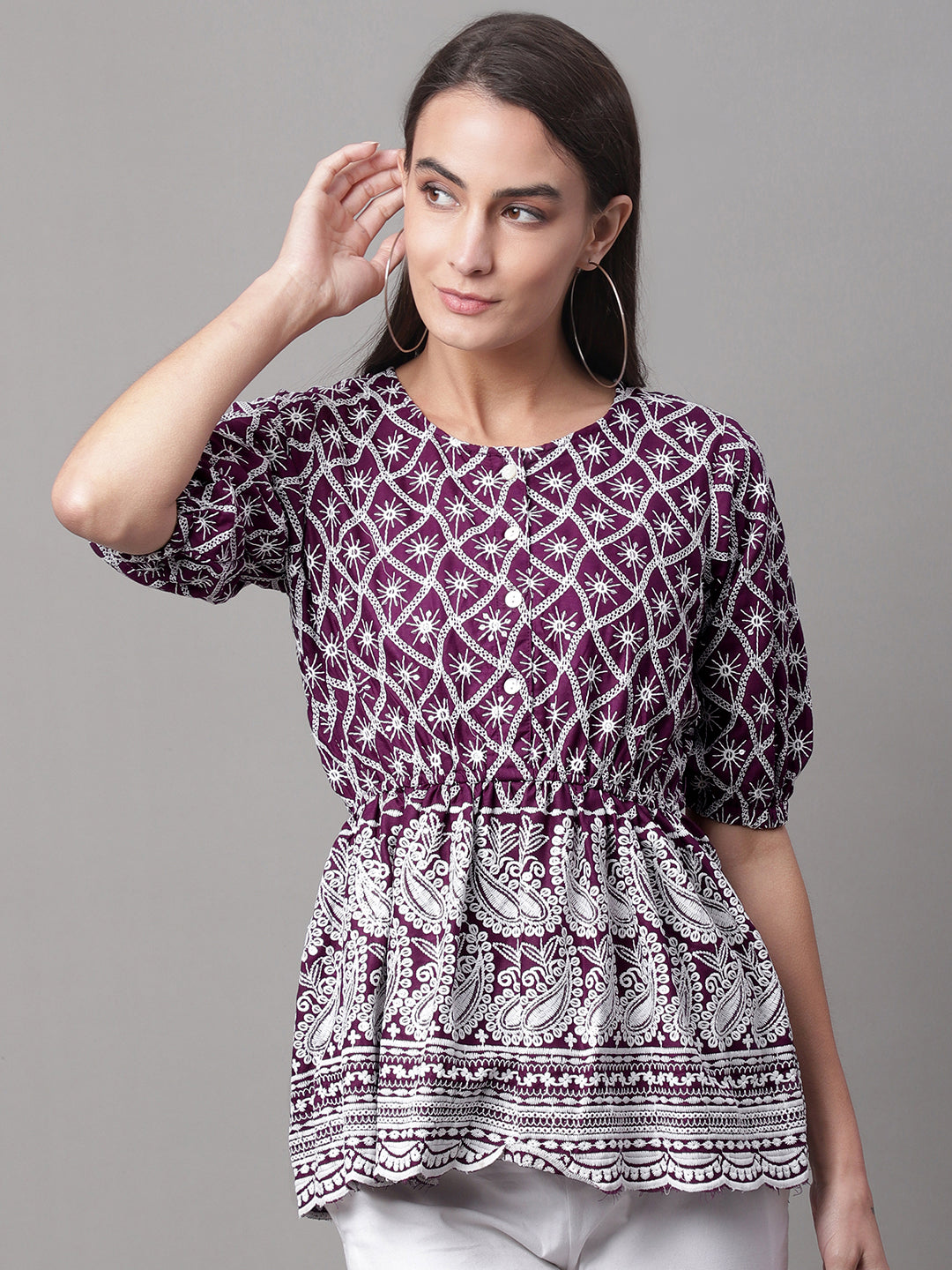 Jainish Women's Chikankari Sequen Work Empire Top - Purple