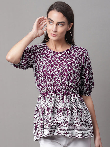 Jainish Women's Chikankari Sequen Work Empire Top - Purple