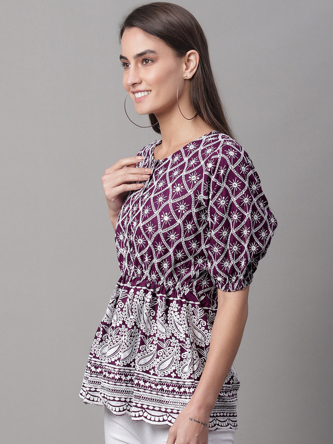 Jainish Women's Chikankari Sequen Work Empire Top - Purple