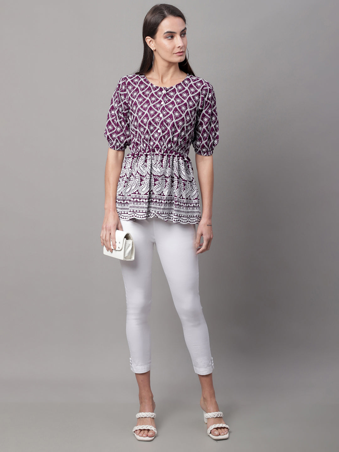 Jainish Women's Chikankari Sequen Work Empire Top - Purple