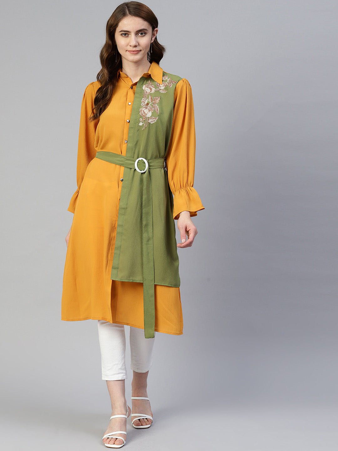 Jainish Women's Embroiderd Shirt Style Top - Yellow
