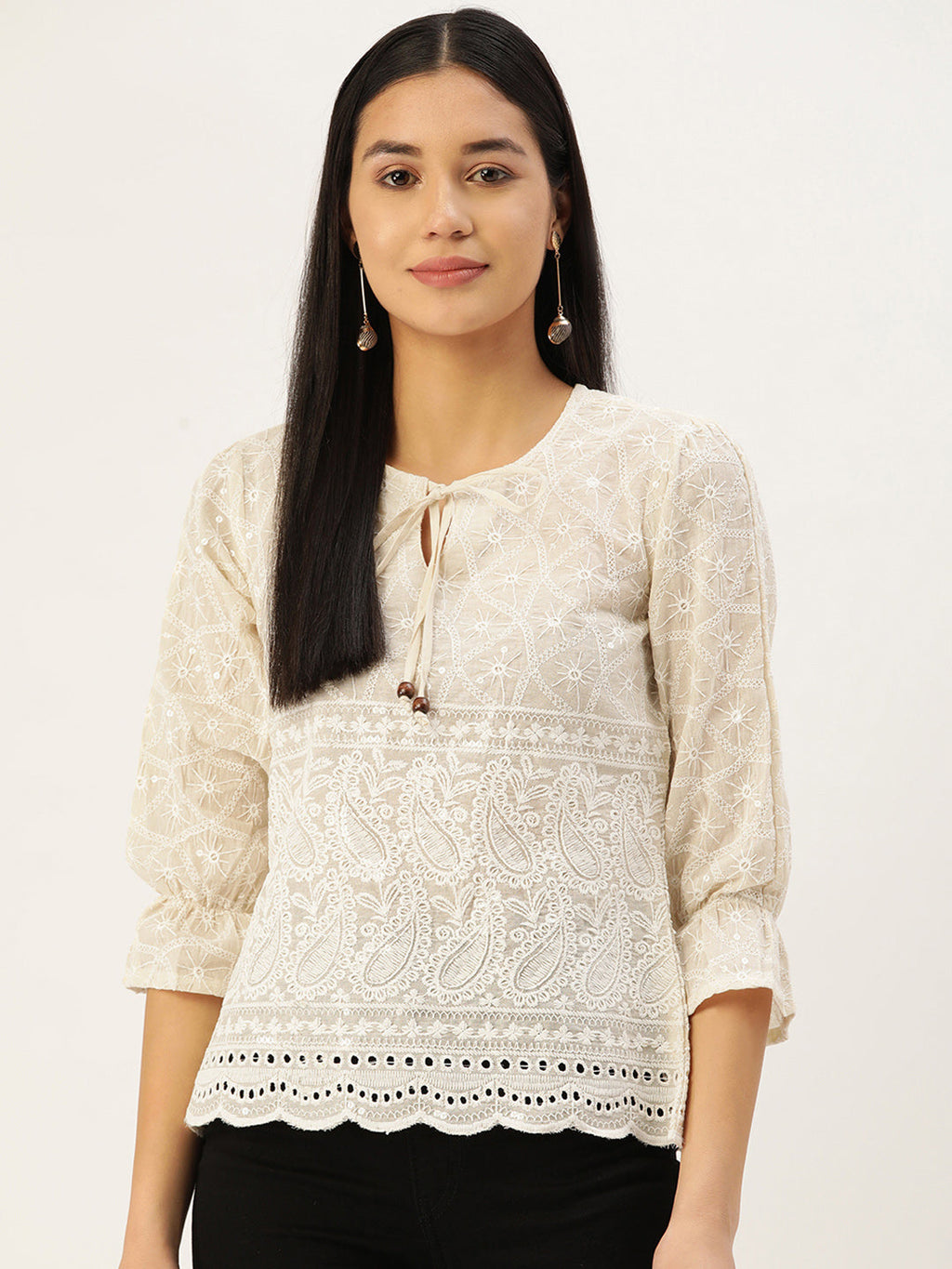 Jainish Women's Chikankari Sequen Work Empire Top - Cream