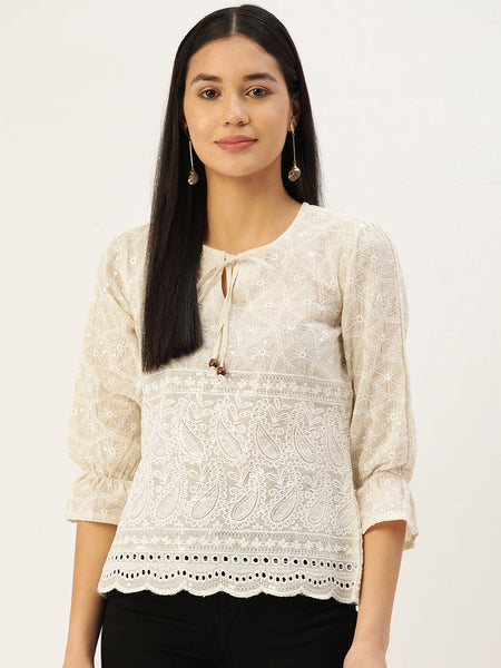Jainish Women's Chikankari Sequen Work Empire Top - Cream