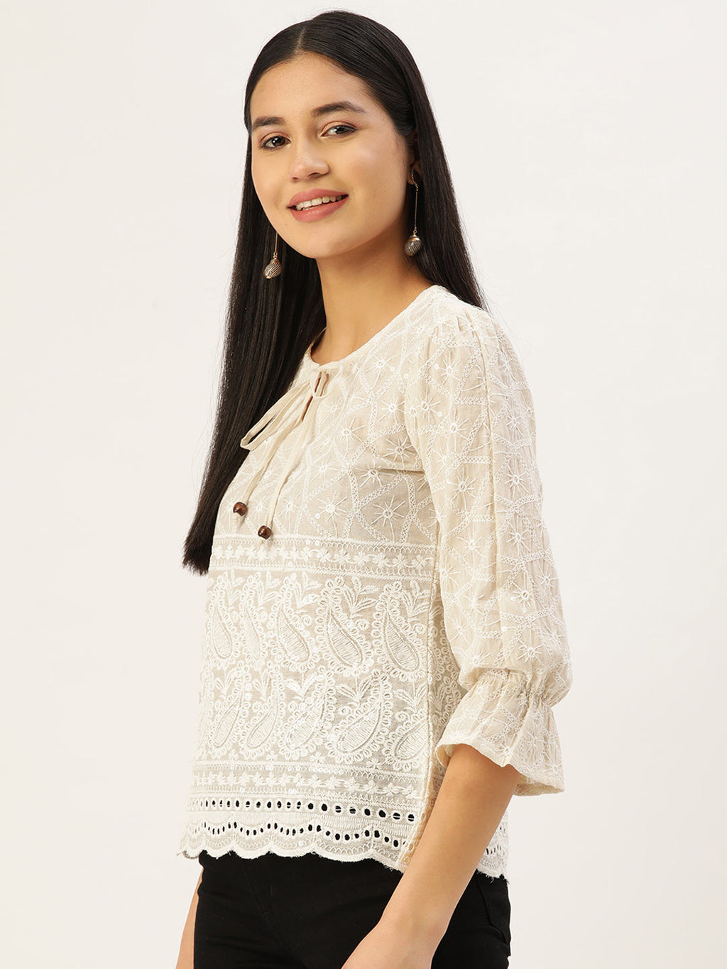 Jainish Women's Chikankari Sequen Work Empire Top - Cream