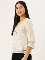 Jainish Women's Chikankari Sequen Work Empire Top - Cream