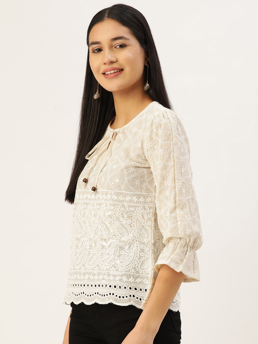 Jainish Women's Chikankari Sequen Work Empire Top - Cream
