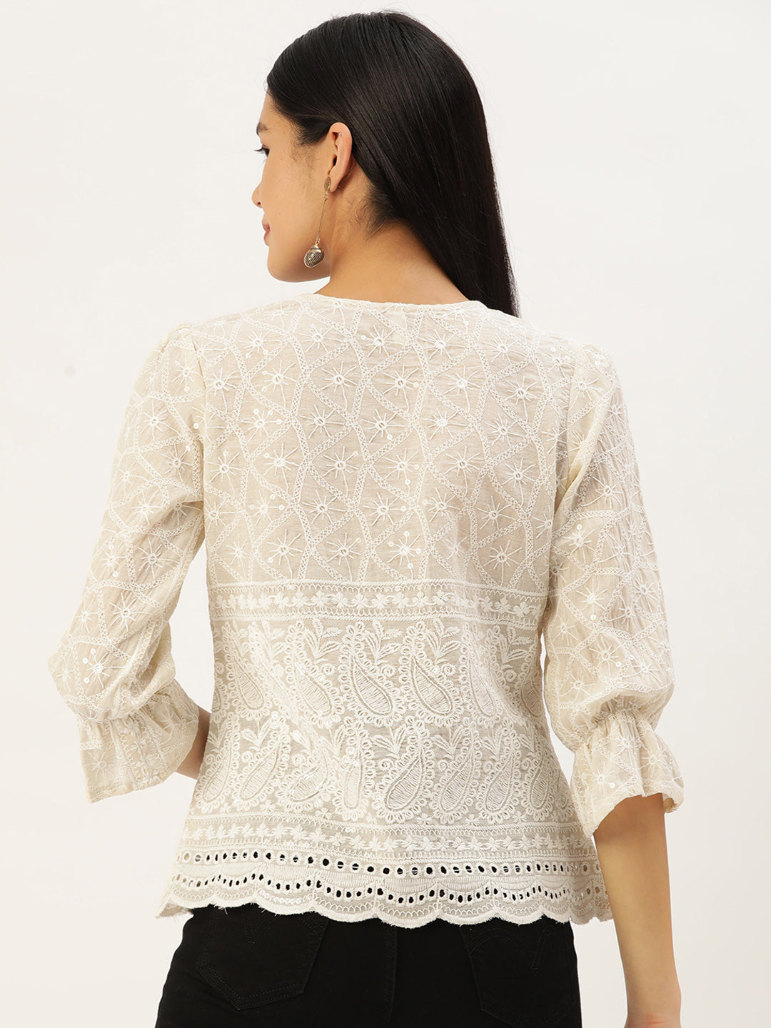 Jainish Women's Chikankari Sequen Work Empire Top - Cream
