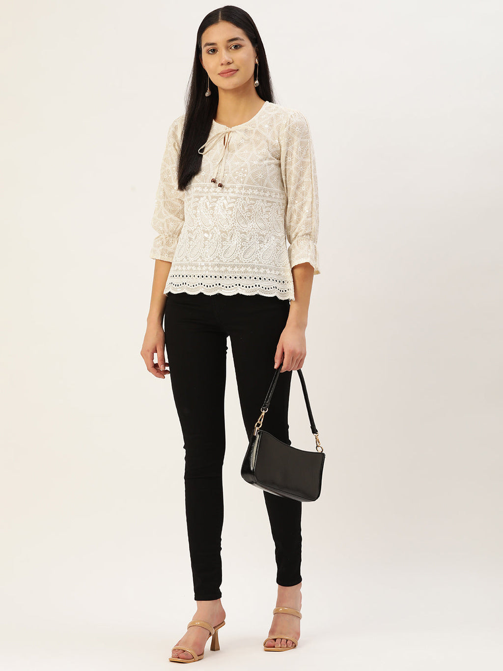 Jainish Women's Chikankari Sequen Work Empire Top - Cream