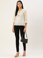 Jainish Women's Chikankari Sequen Work Empire Top - Cream