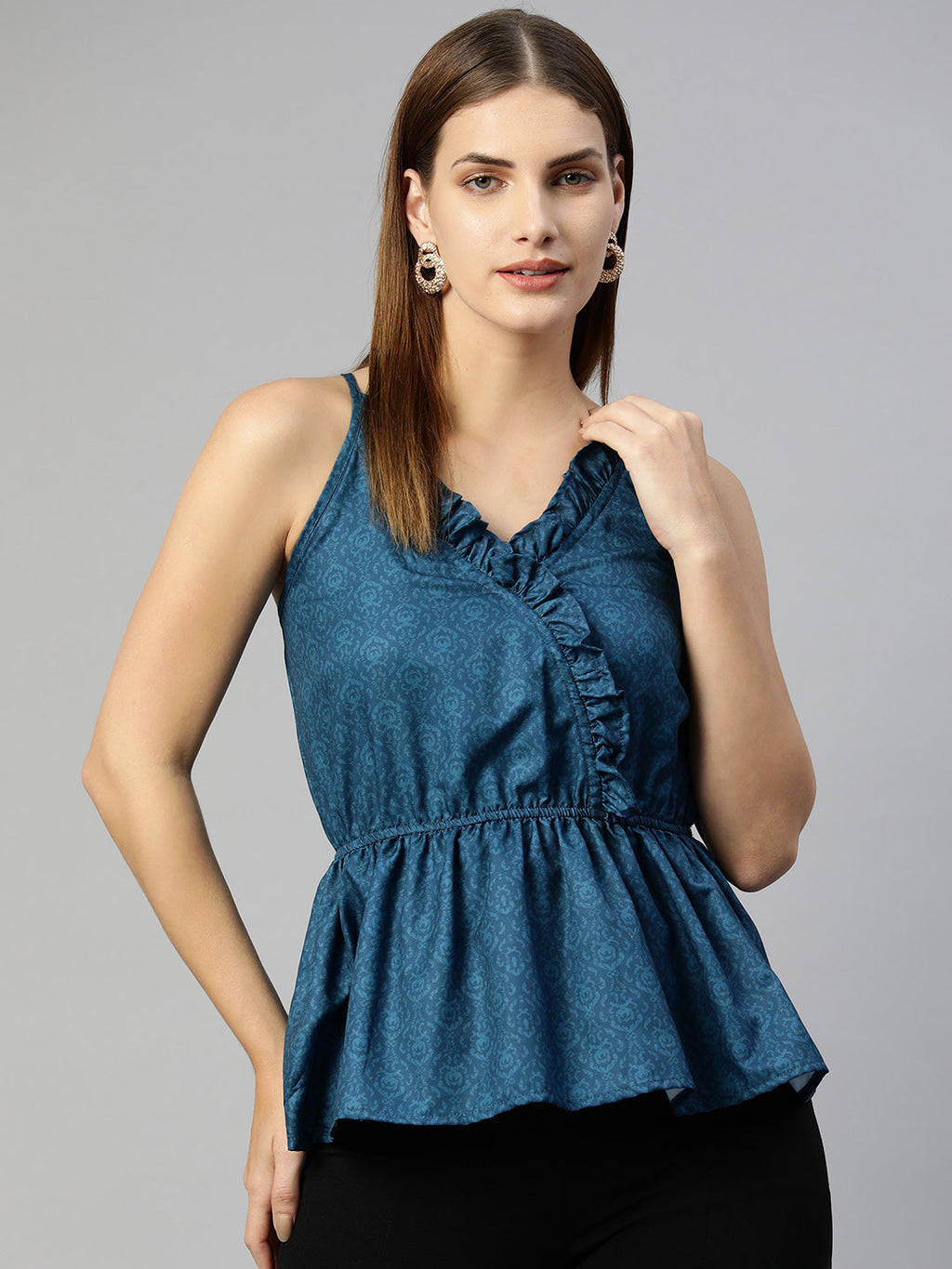 Jainish Women's Printed crop top with frills - Blue