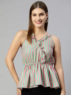 Jainish Women's Printed crop top with frills - Green-Peach
