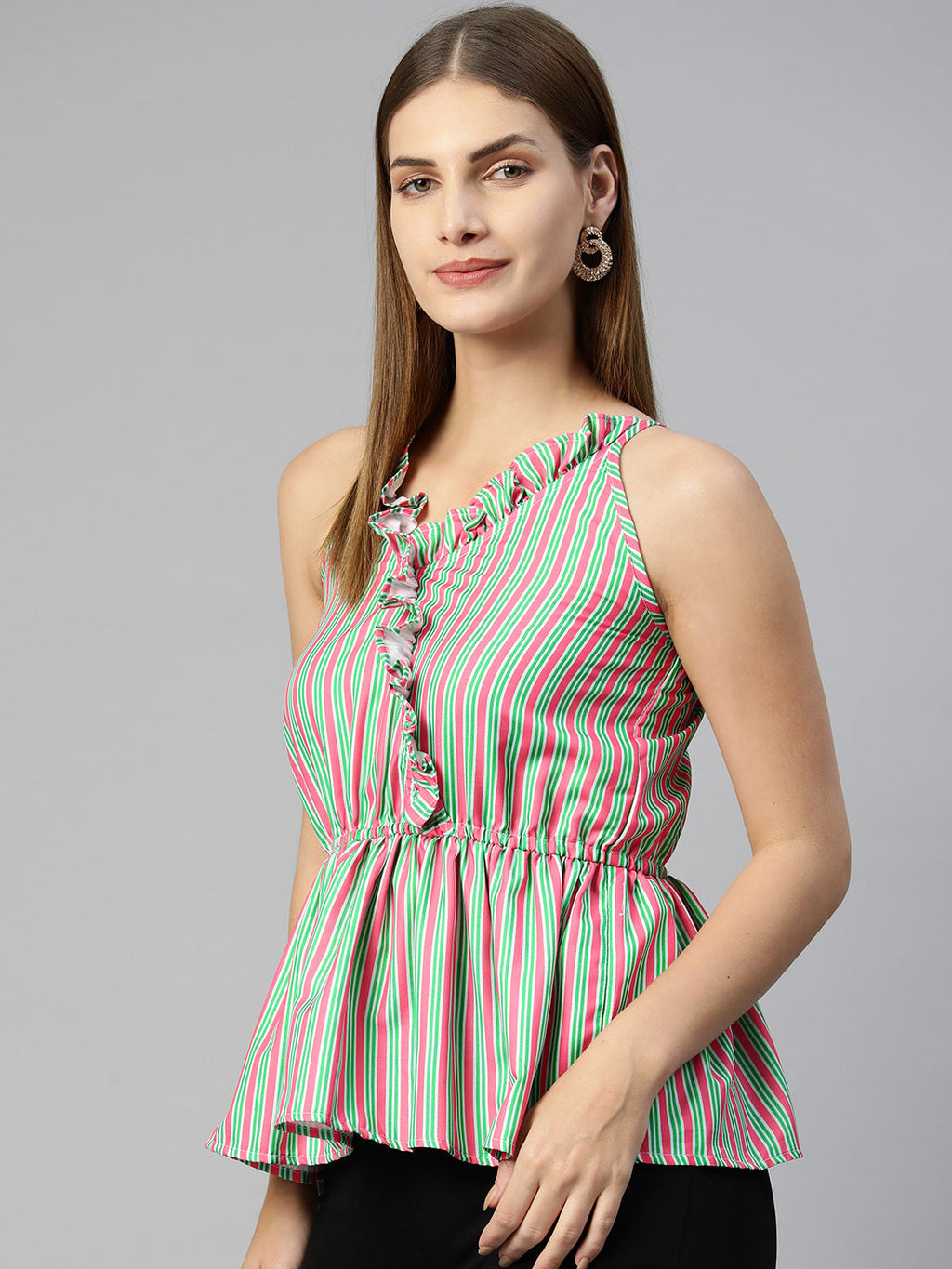 Jainish Women's Printed crop top with frills - Green-Peach