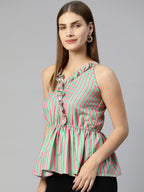 Jainish Women's Printed crop top with frills - Green-Peach