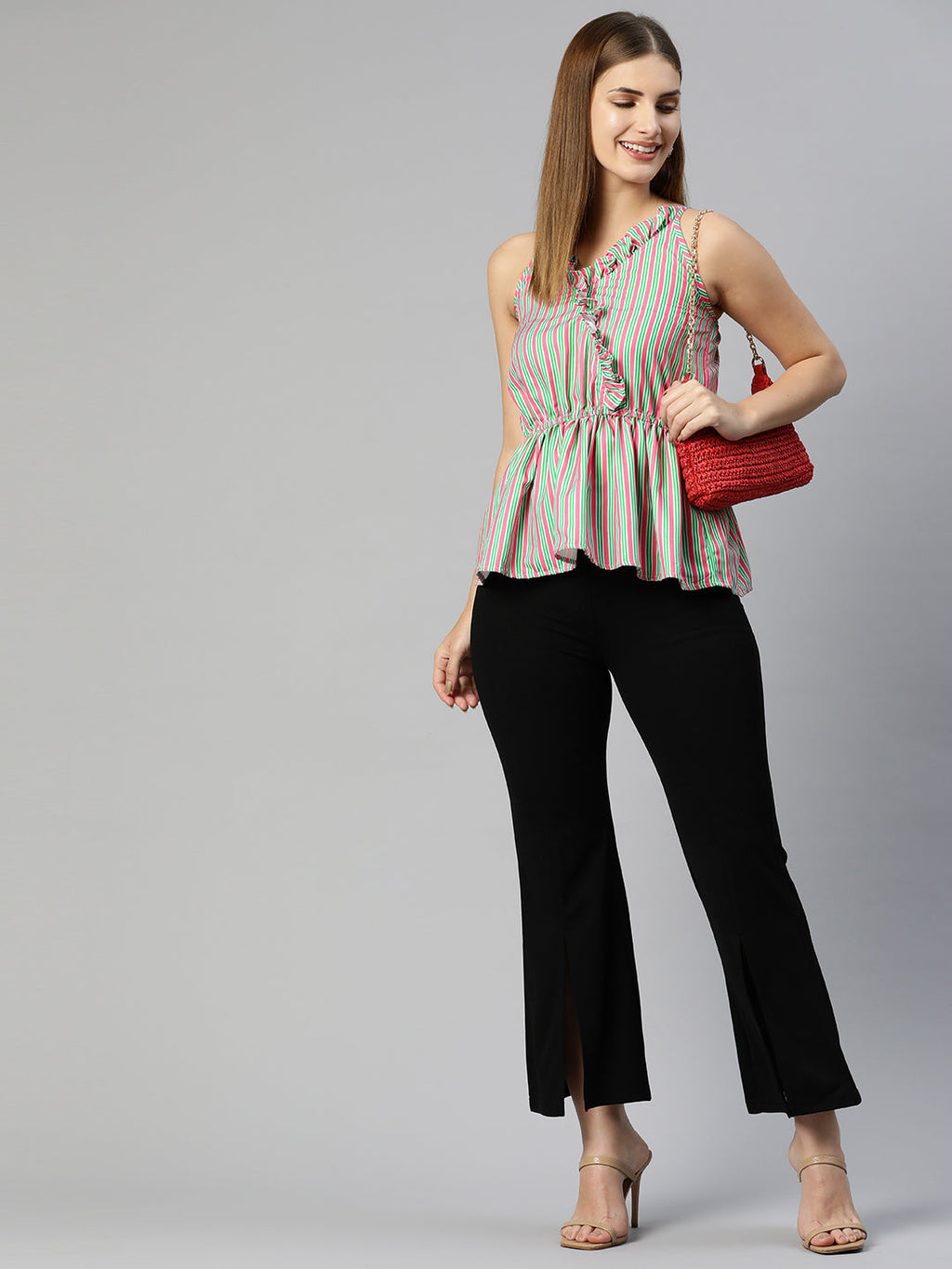 Jainish Women's Printed crop top with frills - Green-Peach