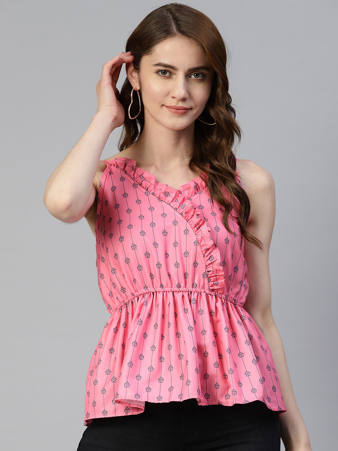 Jainish Women's Printed crop top with frills - Peach