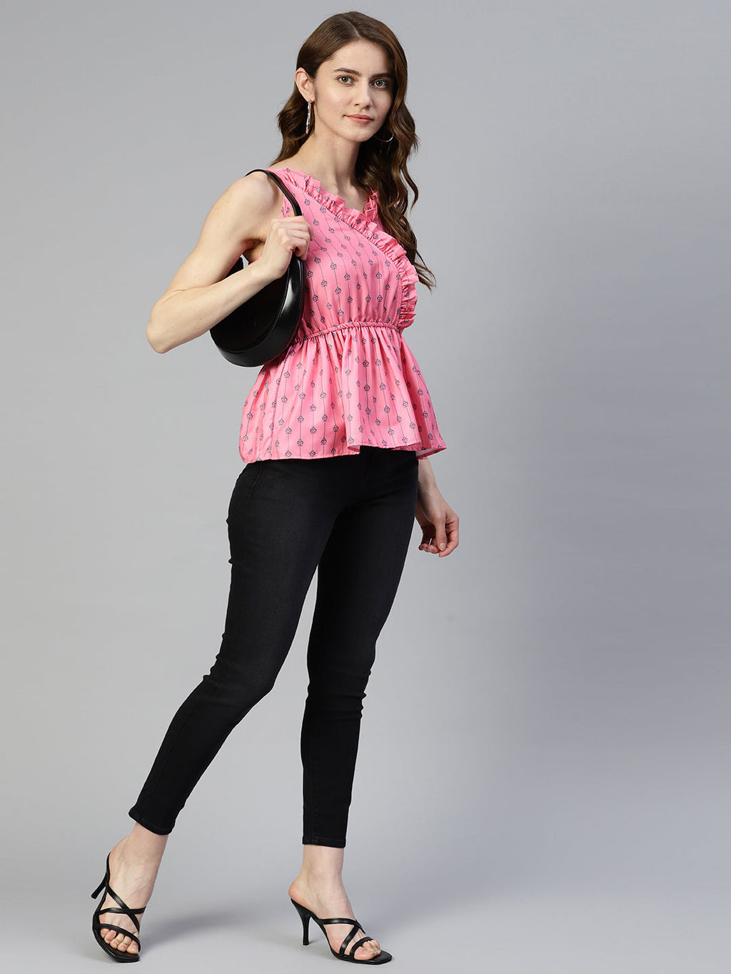 Jainish Women's Printed crop top with frills - Peach