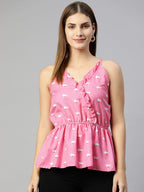 Jainish Women's Printed crop top with frills - Pink
