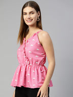 Jainish Women's Printed crop top with frills - Pink