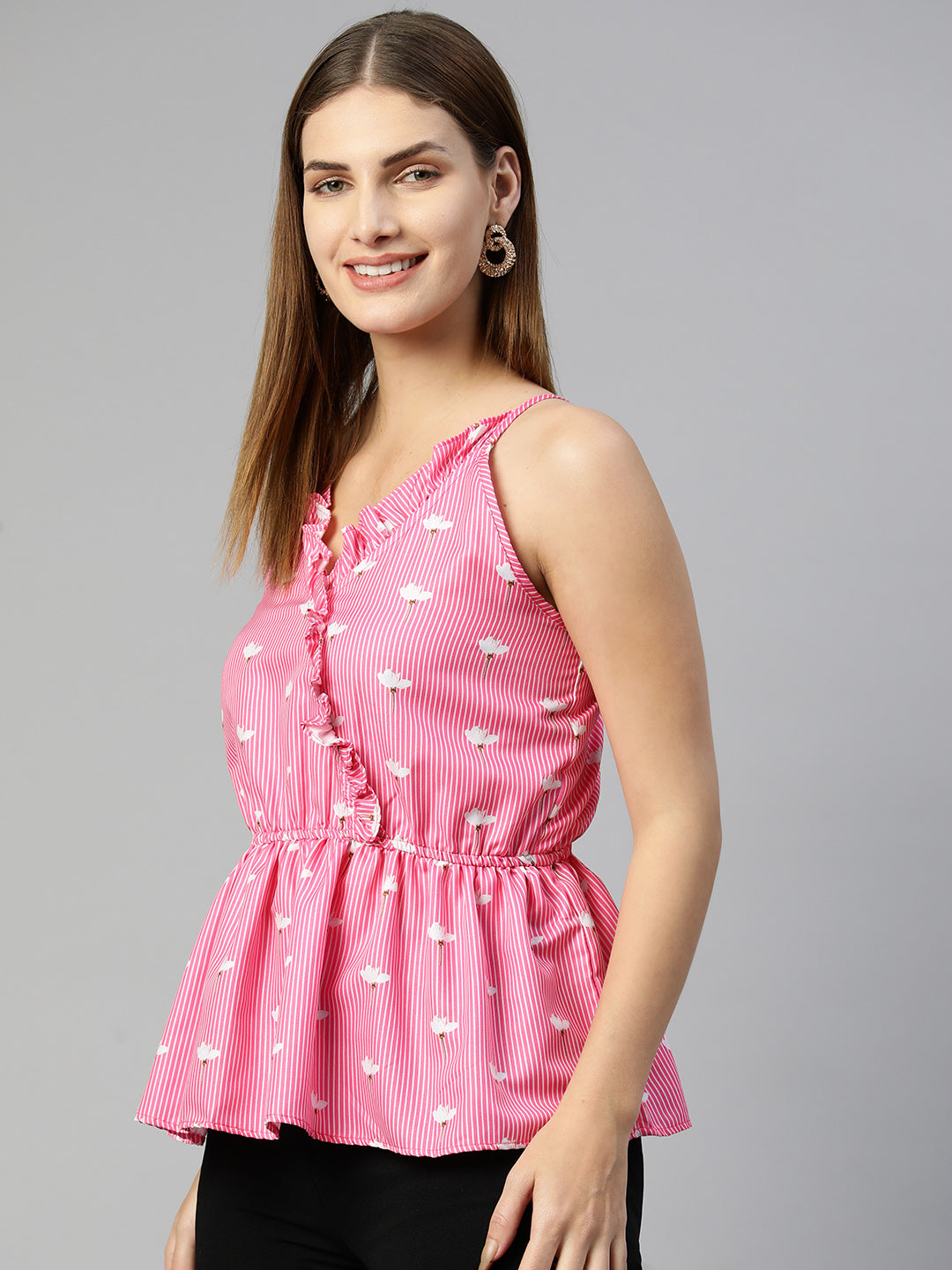 Jainish Women's Printed crop top with frills - Pink