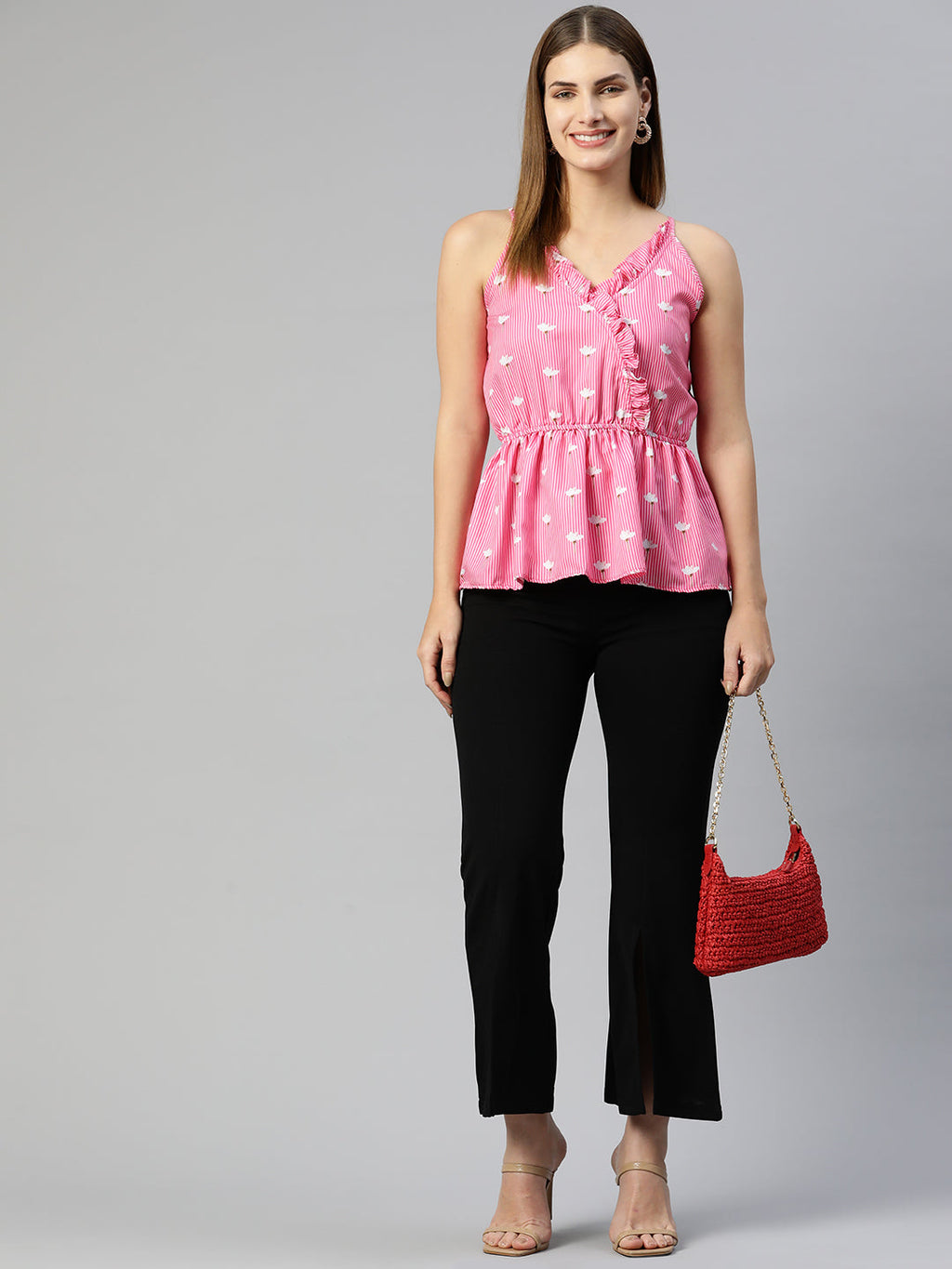 Jainish Women's Printed crop top with frills - Pink