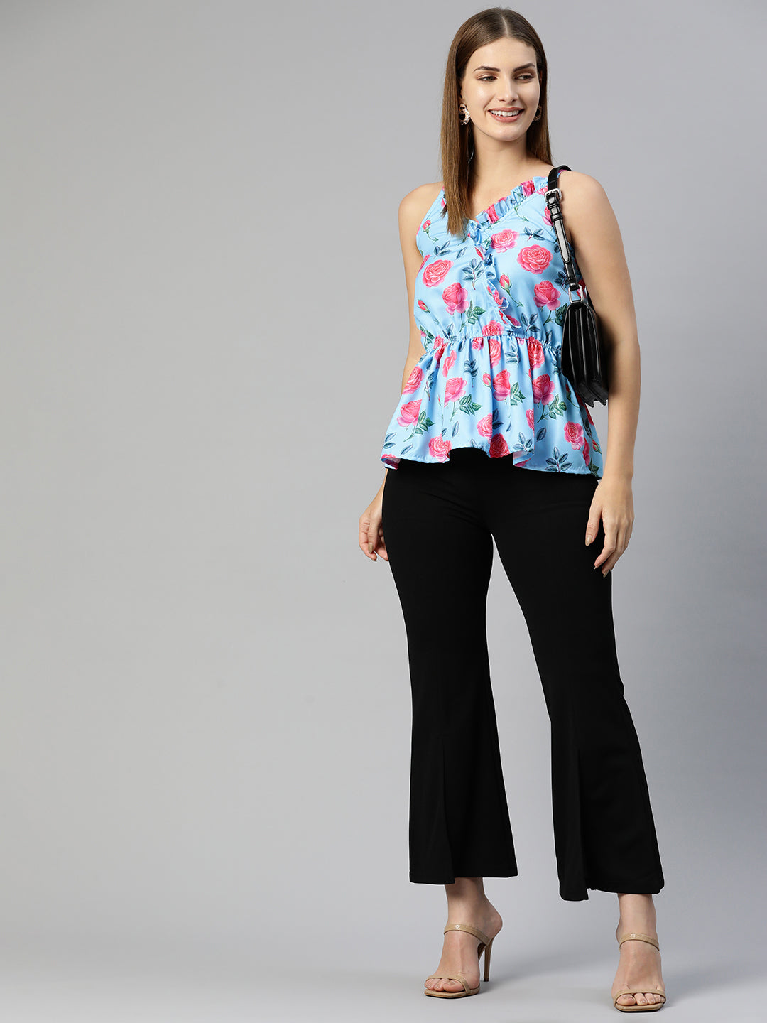 Jainish Women's Printed crop top with frills - Sky Blue