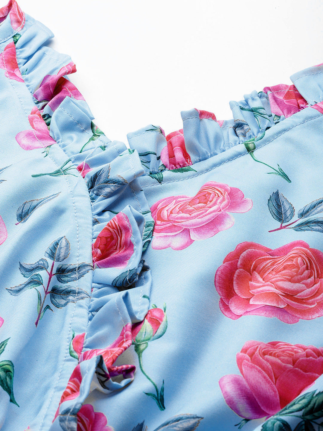Jainish Women's Printed crop top with frills - Sky Blue