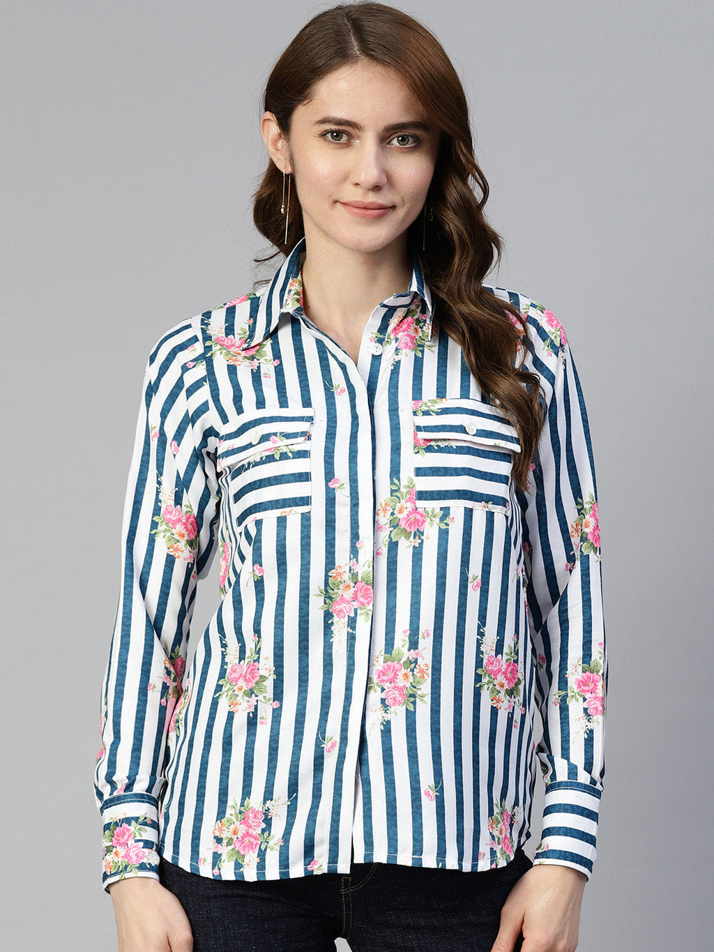 Jainish Women's Striped Double Pocket Shirt Style Top - Blue
