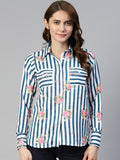 Jainish Women's Striped Double Pocket Shirt Style Top - Blue