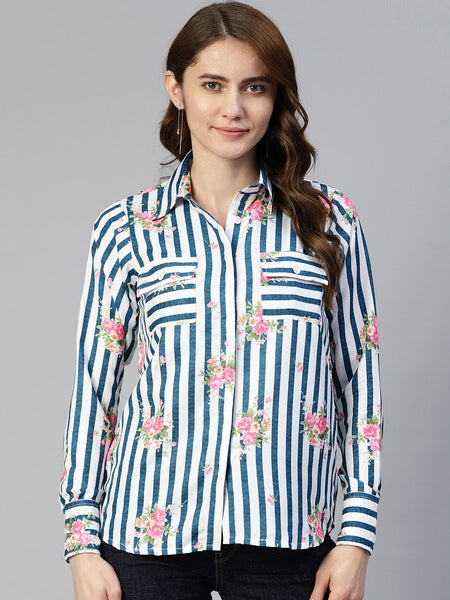 Jainish Women's Striped Double Pocket Shirt Style Top - Blue