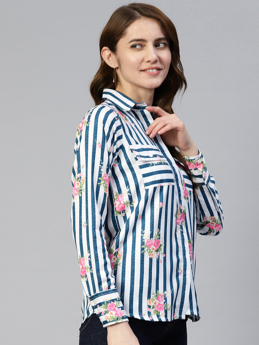 Jainish Women's Striped Double Pocket Shirt Style Top - Blue