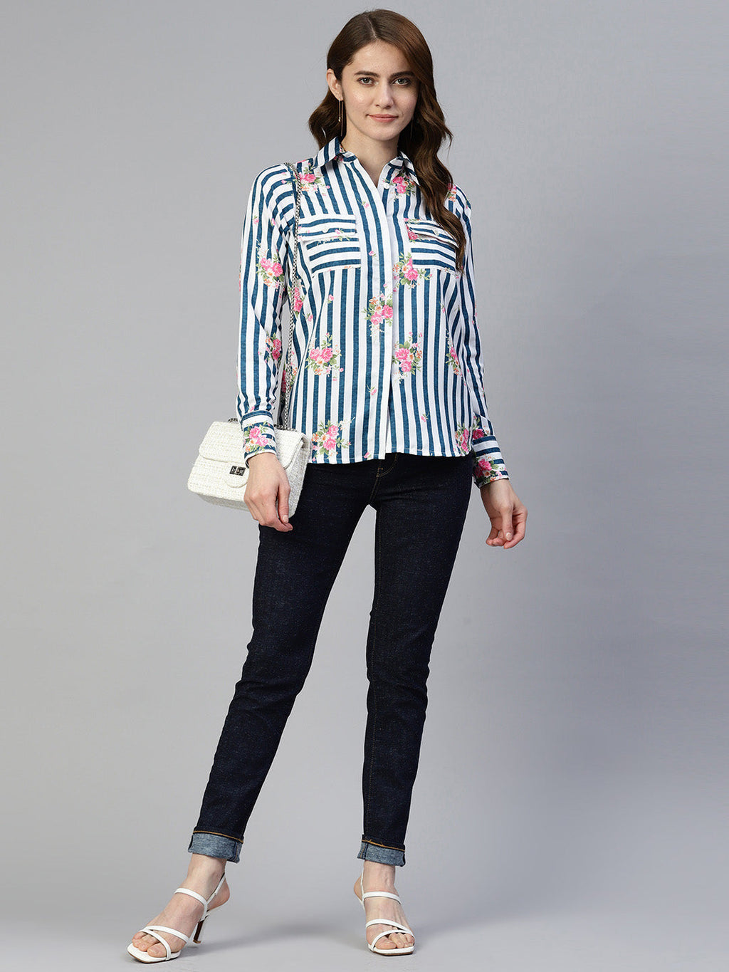 Jainish Women's Striped Double Pocket Shirt Style Top - Blue